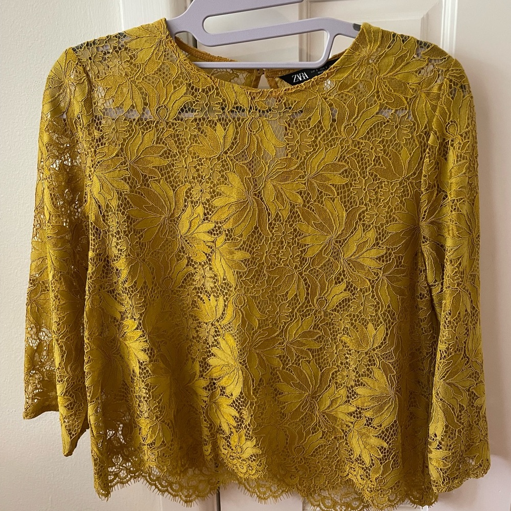 Zara Olive-Yellow Floral Lace Blouse